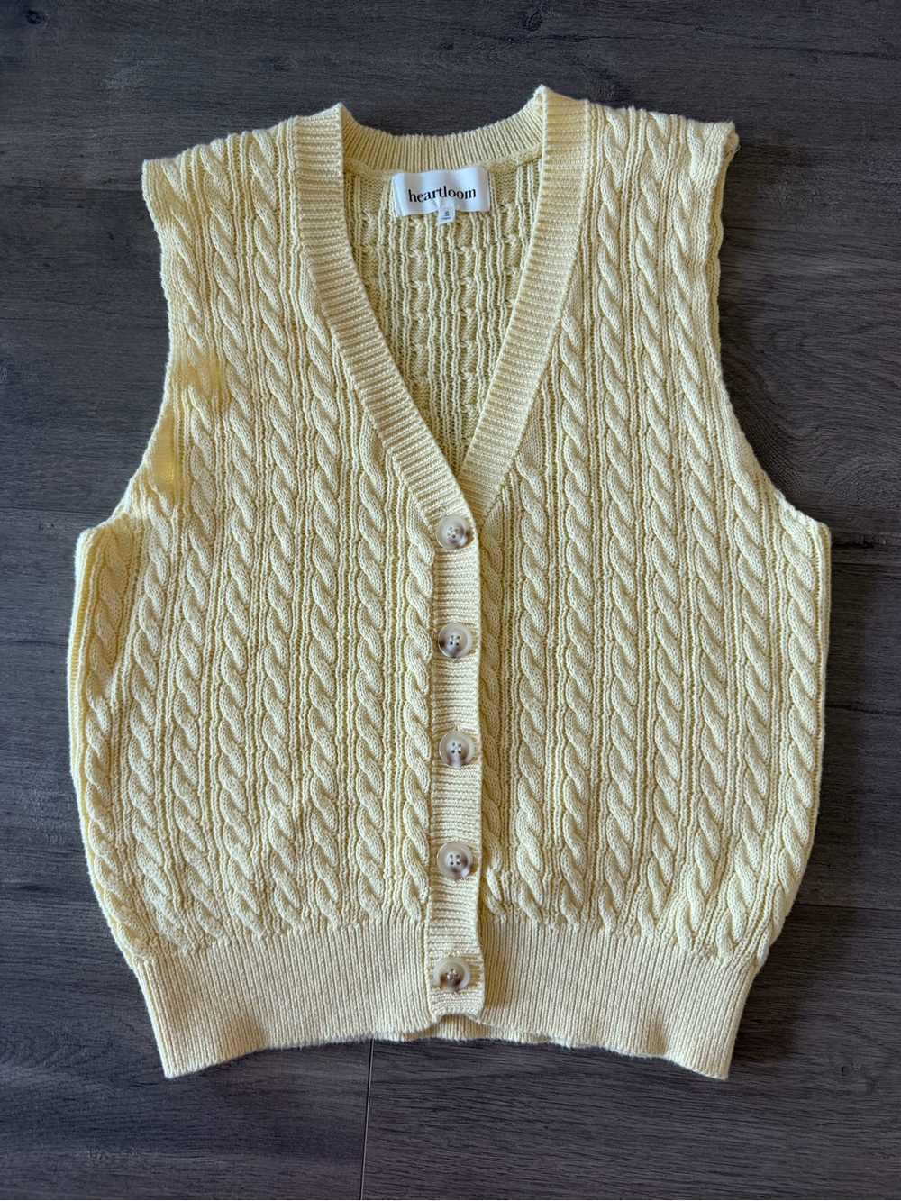 Heartloom Pale Yellow Cable-Knit V-Neck Button Vest